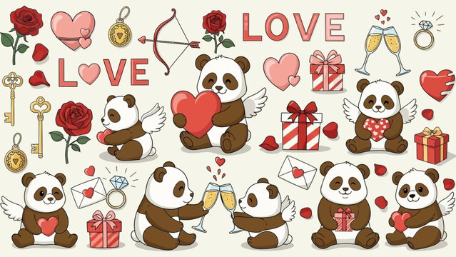 Cute Panda Couple Celebrating Valentine's Day with Hearts, Roses, Gifts, and Champagne