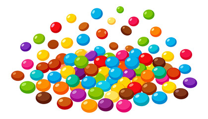 Delicious group of colorful candy balls and sweet chocolate snacks isolated on a white background creating a vibrant sugar dessert decoration