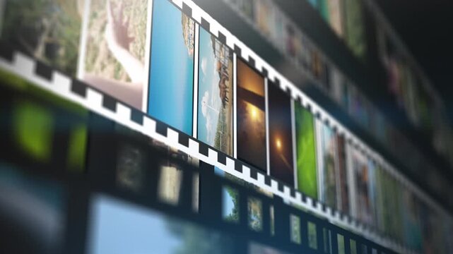 High-resolution cinematic film collage animation displaying multiple photo frames, smooth camera movement, and nostalgic tones, suitable for media intros, archival themes, and crea