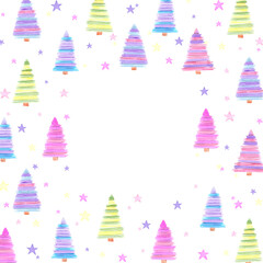 Obraz premium Hand drawn watercolor abstract colorful fir trees and confetti frame border isolated on white background. Can be used for cards, invitation and other printed products
