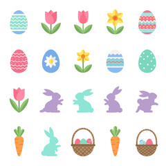 Fototapeta premium Colorful Easter icons featuring eggs, tulips, daffodils, bunnies, and baskets in a playful flat design.