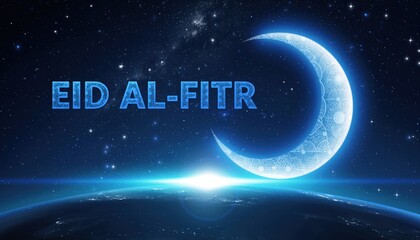 Magical eid al fitr crescent moon glowing over starry night sky