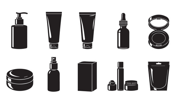 Black vector icons of various cosmetic product packaging and containers for skincare and makeup