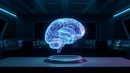 Holographic brain projection laboratory pedestal with glowing neural network hologram, futuristic medical tech display vivid blue and purple lighting - Powered by Adobe