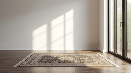 Modern minimalist prayer corner with rug and large copy space on white wall