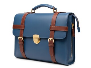 Blue leather briefcase with brown accents isolated on white background