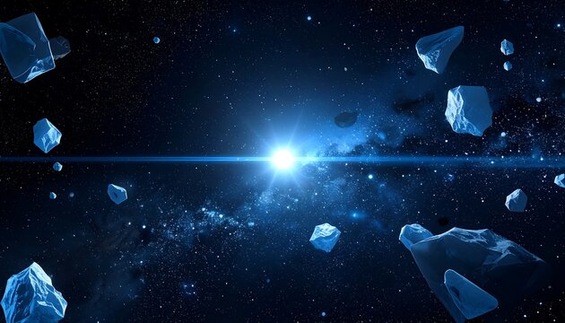 A bright light shines in a starry space with floating objects