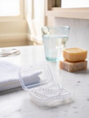 Clear dental aligner on marble bathroom counter for modern oral care display
