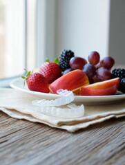 Clear dental aligners with fresh fruit on white ceramic plate - health and wellness concept
