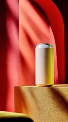 Matte aluminum can with blank label on bold background for product design