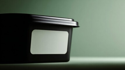 Blank white sticker on black container against green background for design and labeling
