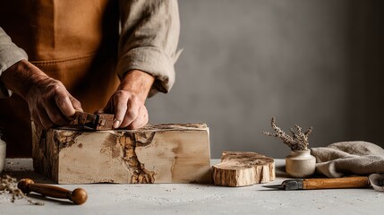 Skilled carpenter crafting wood in a natural workshop setting