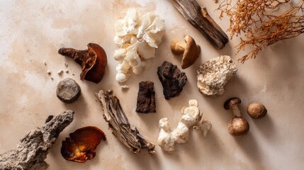 Artistic flat lay of reishi, chaga, shiitake, and cordyceps mushrooms for herbal display