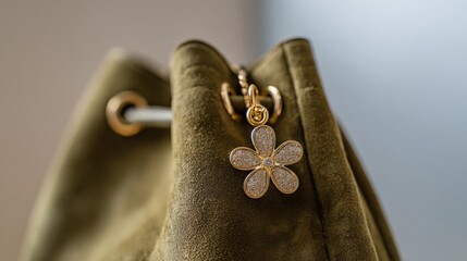 Close up of olive suede bag with gold flower charm accessory for fashion design