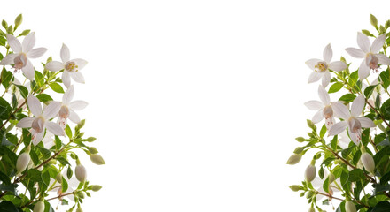 Fototapeta premium 白い花と緑の葉のシンプルなフレームデザイン