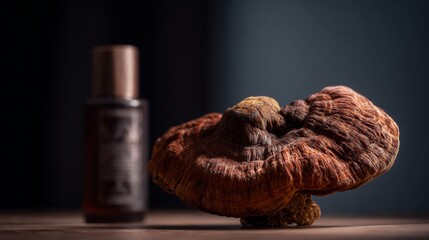 Close-up of reishi mushroom with dark background and skincare product
