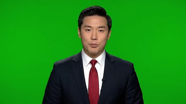 confident male news anchor standing and speaking clearly with professional posture calm expression studio lighting realistic broadcast style isolated on green screen clean composition high quality cin