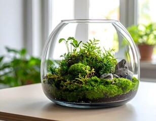 Glass terrarium with miniature ecosystem moss small plants and stones as desktop garden