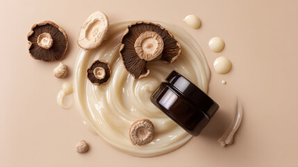Flat lay of reishi and shiitake mushrooms with skincare cream on beige background