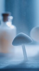 Macro shot of translucent snow mushroom with ethereal glow in winter