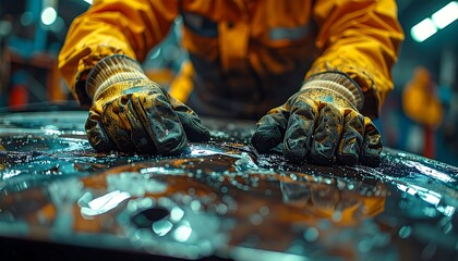 Professional Automotive Body Painter Working on a Car Surface Using Protective Gloves for Precision Dico and Refinishing in a Specialized Workshop