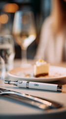 Macro shot of weight loss injection pen on dining table with dessert