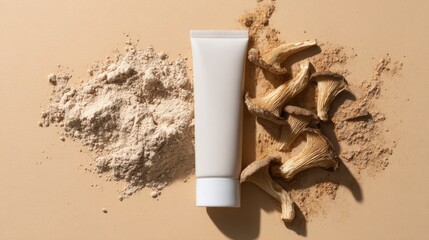 Minimalist flat lay of white cosmetic tube with natural ingredients for beauty products