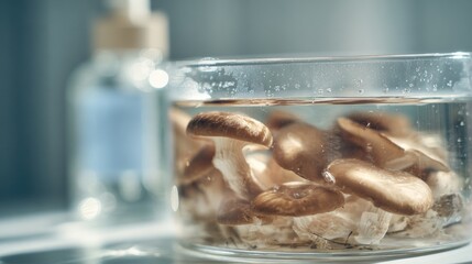 Preserved shiitake mushrooms in glass jar for culinary and design inspiration