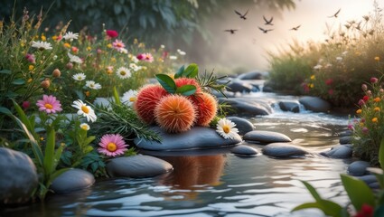 Some rambutan fruit placed on rocks beside a stream with various wildflowers