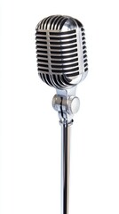 Retro chrome microphone on stand isolated for music and broadcasting design