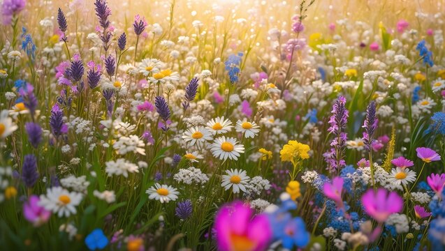 This image features a vibrant wildflower meadow with several common species including daisy-like flowers and tall purple spikes - Powered by Adobe