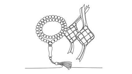 Obraz premium minimalist one line of prayer beads and ketupat in white background