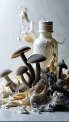 Reishi mushrooms with organic textures in cream and gel arrangement