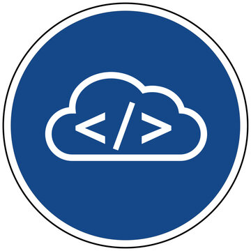 Blaues rundes Schild mit Cloud und Programmiercode Symbol Vektor Icon f&uuml;r Cloud Computing Software Entwicklung IT Internet Digitalisierung Piktogramm Illustration Grafik Schild
