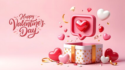 Surprise gift box with floating 3D social media heart notification icon and hearts for Valentine’s Day
