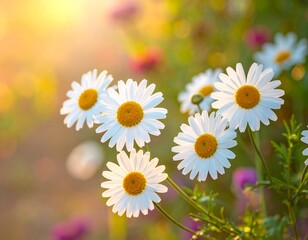 Close-up of white daisies with yellow centers in a field bathed in sunlight, creating a soft, warm bokeh effect