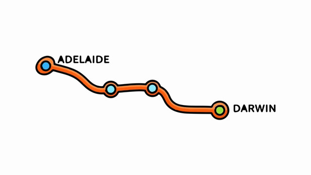 Stylized map line showing route from Adelaide to Darwin with stations