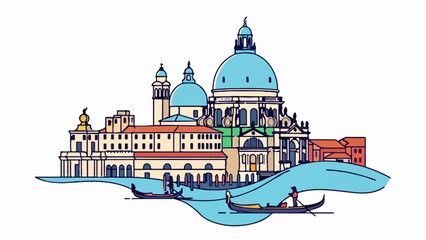 Stylized Italian canal cityscape with domes and gondolas © trimo