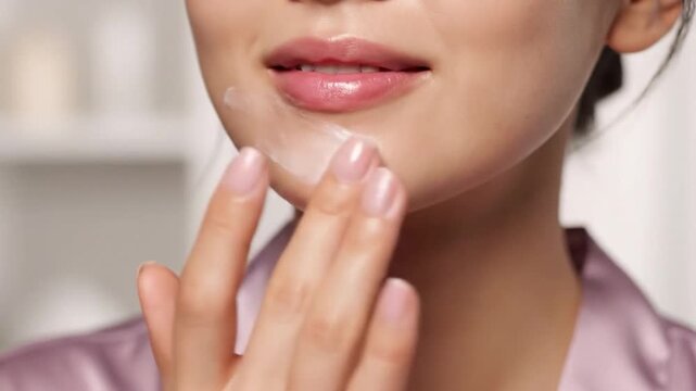 Delicate hand applies cream to smooth, pink lips