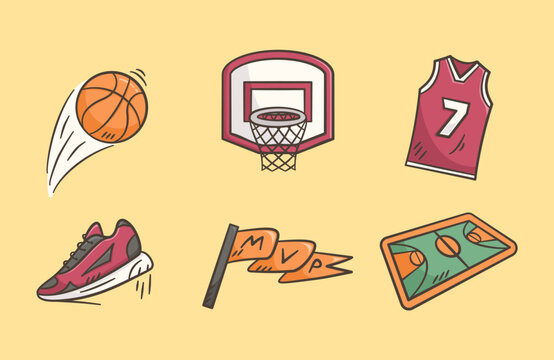 Basketball equipment hand drawn illustration. Set of basket ball kit collection vector icon doodle. Containing ball, shoes, ring basket, jersey, MVP flag, field outline style design.