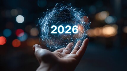 Human hand holding glowing digital  2026 text, futuristic data network.