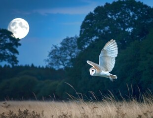 Barn Owl in Silent Flight Across a Moonlit Meadow, Majestic Wildlife Photography