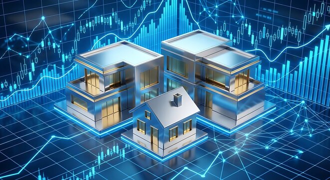 Modern smart homes with glowing blue outlines on futuristic grid background with stock market charts - Powered by Adobe