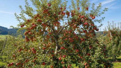 Apple tree laden with ripe fruit under a clear blue sky.