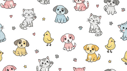 Adorable cartoon animals pattern with cute dogs, cats, and birds