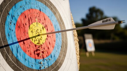 Arrow hitting the bullseye on an archery target outdoors.