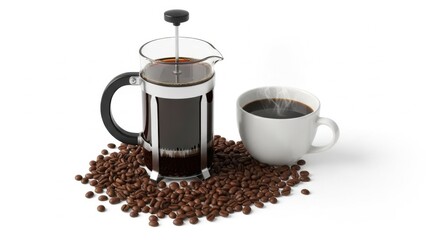 French press coffee with a cup and coffee beans on white background.