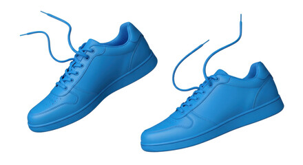白い背景に浮かぶ青いスニーカーのペア、靴紐が解けた状態の製品写真