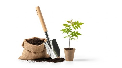 Gardening tools and plant with soil bag on white background.