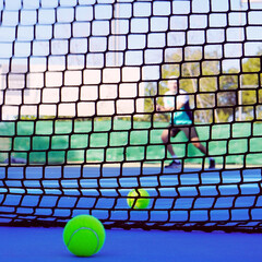 Close-up of a tennis ball in the net with a tennis court and a player blurred in the background.